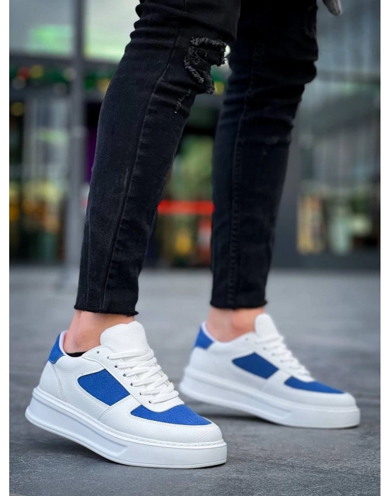 KB-X8  Beyaz Cilt Mavi Süet Detaylı Beyaz Yüksek Taban Günlük Spor Ayakkabı