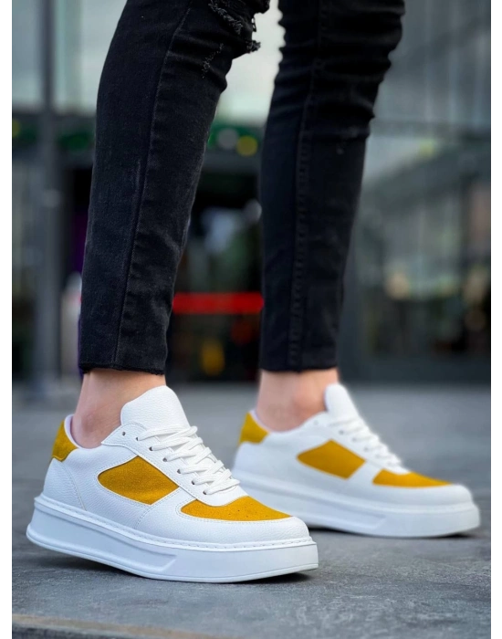 KB-X8  Beyaz Cilt Sarı Süet Detaylı Beyaz Yüksek Taban Günlük Spor Ayakkabı