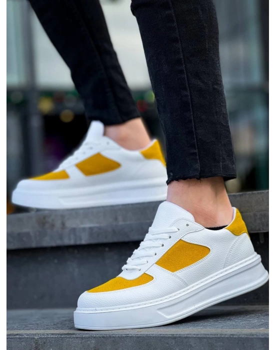 KB-X8  Beyaz Cilt Sarı Süet Detaylı Beyaz Yüksek Taban Günlük Spor Ayakkabı
