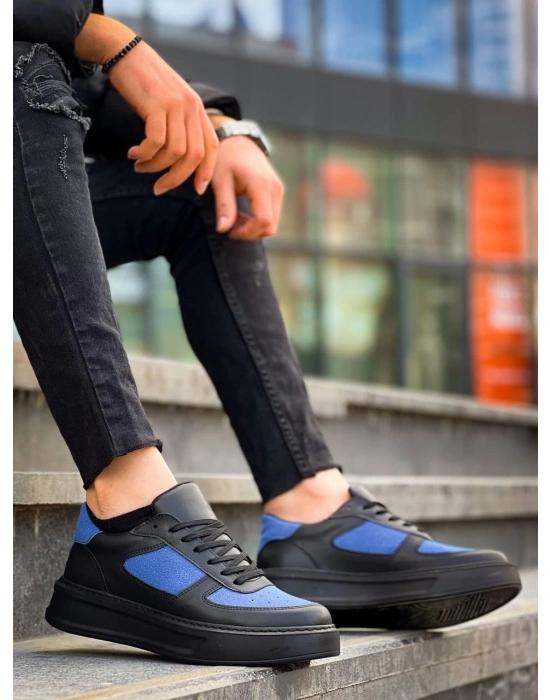 KB-X8  Siyah Cilt Mavi Süet Detaylı Siyah Yüksek Taban Günlük Spor Ayakkabı