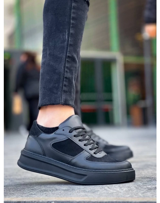 KB-X8  Siyah Cilt Siyah Süet  Detaylı Siyah Yüksek Taban Günlük Spor Ayakkabı