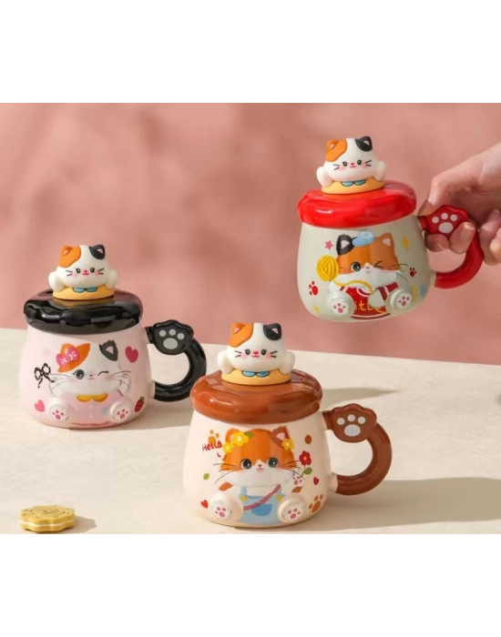 Kedi Desenli Figürlü Seramik Bardak