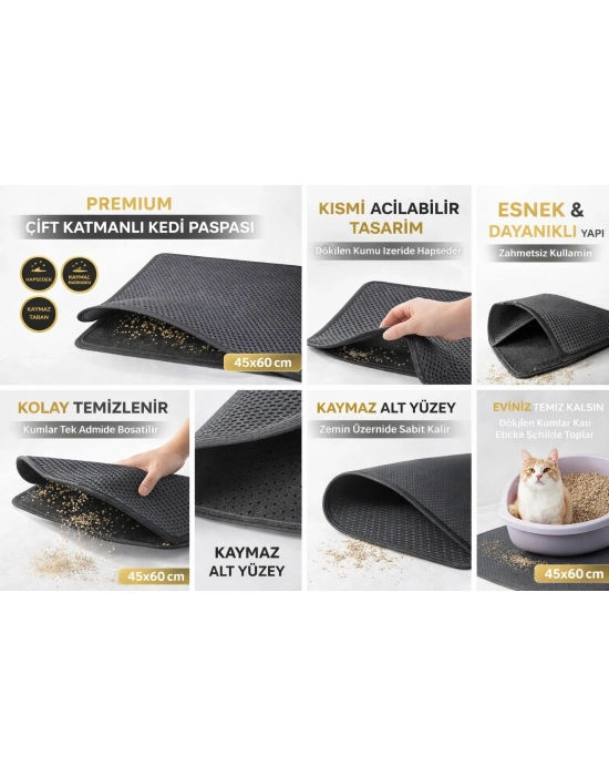 Kedi Elekli Tuvalet Önü Kum Tutucu Paspas  45 cm - 60 cm Gri