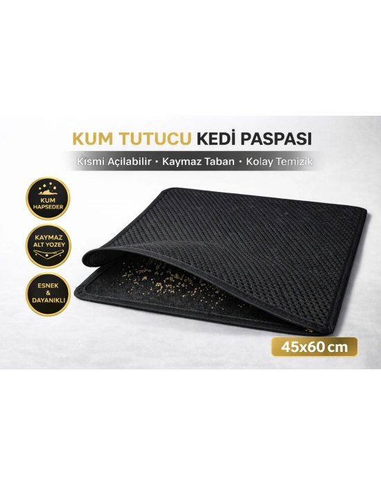 Kedi Elekli Tuvalet Önü Kum Tutucu Paspas  45 cm - 60 cm Siyah