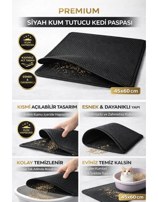 Kedi Elekli Tuvalet Önü Kum Tutucu Paspas  45 cm - 60 cm Siyah