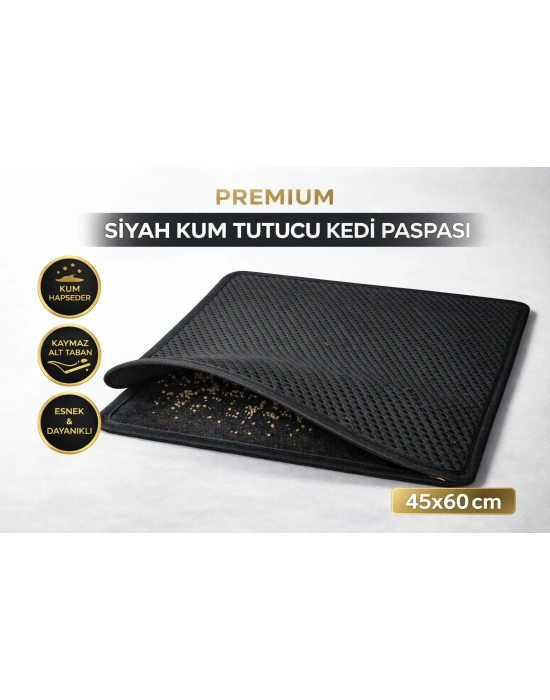 Kedi Elekli Tuvalet Önü Kum Tutucu Paspas  45 cm - 60 cm Siyah