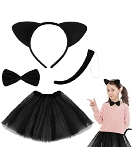 Kedi Eteği Tacı Kuyruğu Ve Papyon Seti Siyah Renk Çocuk Boy