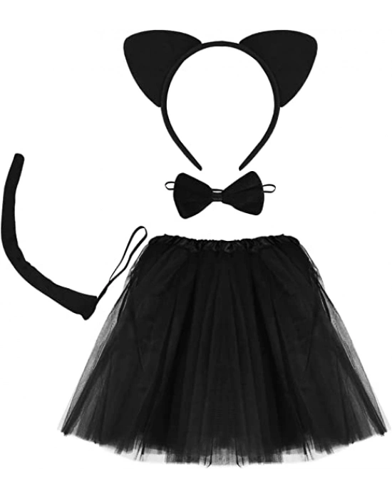 Kedi Eteği Tacı Kuyruğu Ve Papyon Seti Siyah Renk Çocuk Boy