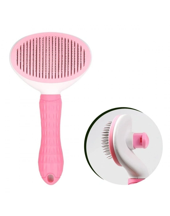 ®  Kedi Köpek Tüy Toplayıcı Kendini Temizleyebilen Ergonomik Saplı Evcil Hayvan Tarağı Pembe