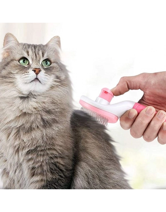 ®  Kedi Köpek Tüy Toplayıcı Kendini Temizleyebilen Ergonomik Saplı Evcil Hayvan Tarağı Pembe