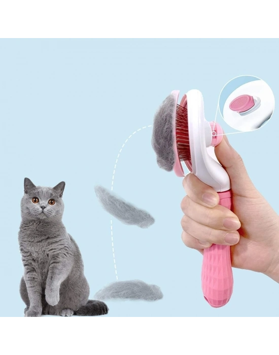 ®  Kedi Köpek Tüy Toplayıcı Kendini Temizleyebilen Ergonomik Saplı Evcil Hayvan Tarağı Pembe