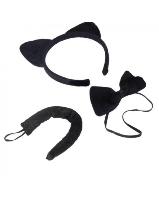 Kedi Kostüm Taç Kuyruk Papyon Seti Karışık