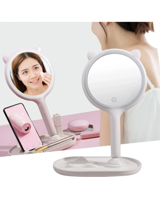 ®  Kedi Kulaklı Telefon Standlı Yuvarlak Dokunmatik Led Ayarlı Masa Üstü Makyaj Aynası