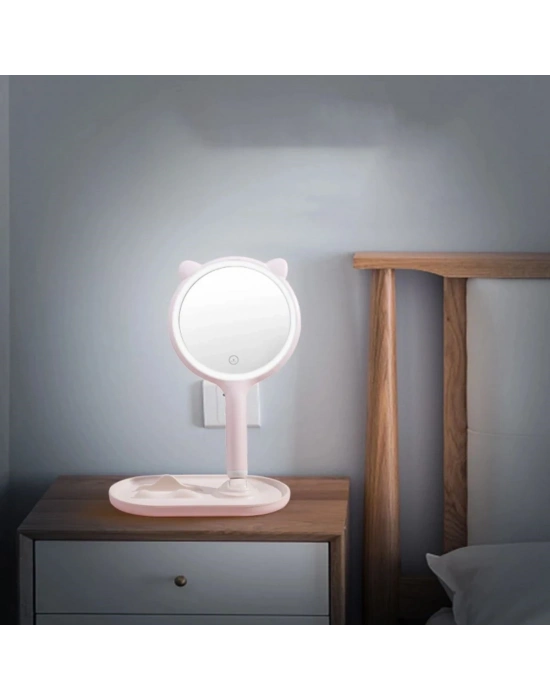 ®  Kedi Kulaklı Telefon Standlı Yuvarlak Dokunmatik Led Ayarlı Masa Üstü Makyaj Aynası