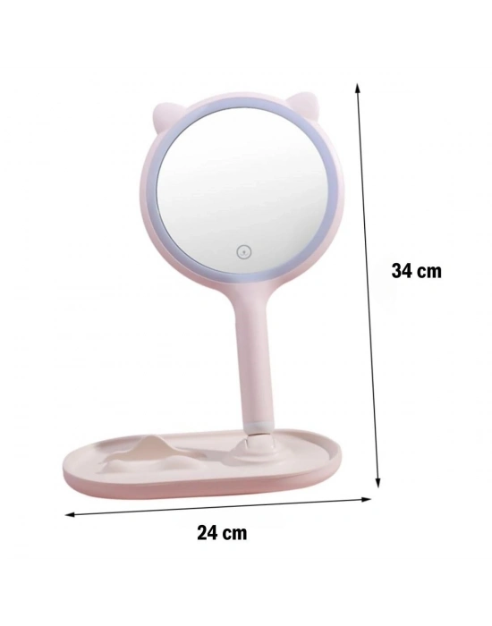®  Kedi Kulaklı Telefon Standlı Yuvarlak Dokunmatik Led Ayarlı Masa Üstü Makyaj Aynası
