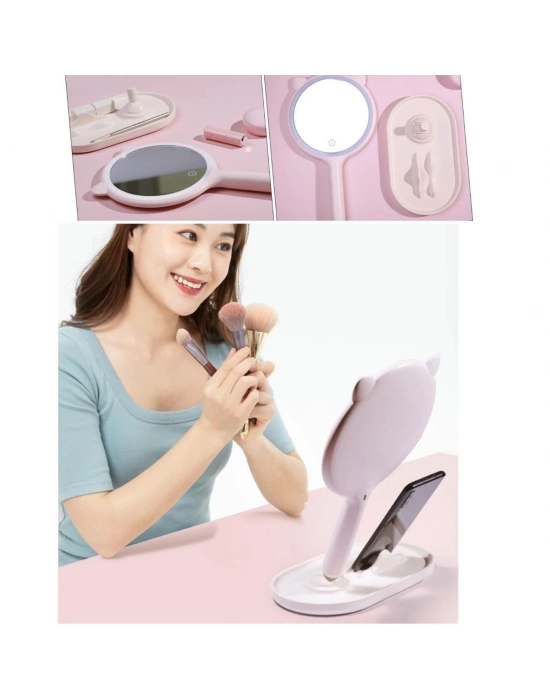®  Kedi Kulaklı Telefon Standlı Yuvarlak Dokunmatik Led Ayarlı Masa Üstü Makyaj Aynası