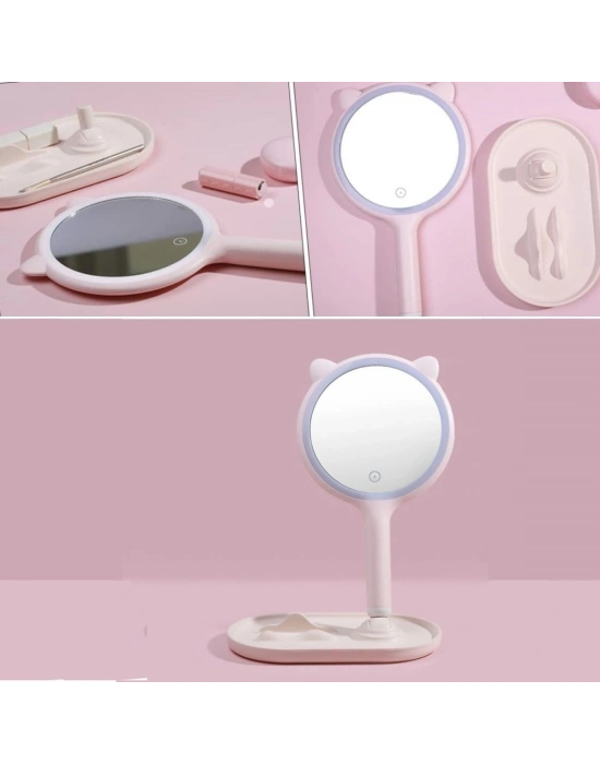 ®  Kedi Kulaklı Telefon Standlı Yuvarlak Dokunmatik Led Ayarlı Masa Üstü Makyaj Aynası