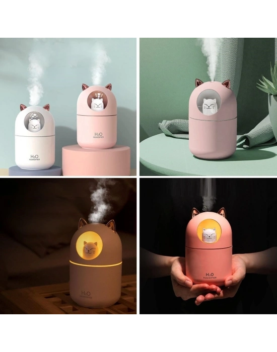 ® Kedicik Figürlü Hava Nemlendirici – Ultrasonik Soğuk Buhar Makinesi, LED Işıklı Masaüstü Oda Nemlendirici
