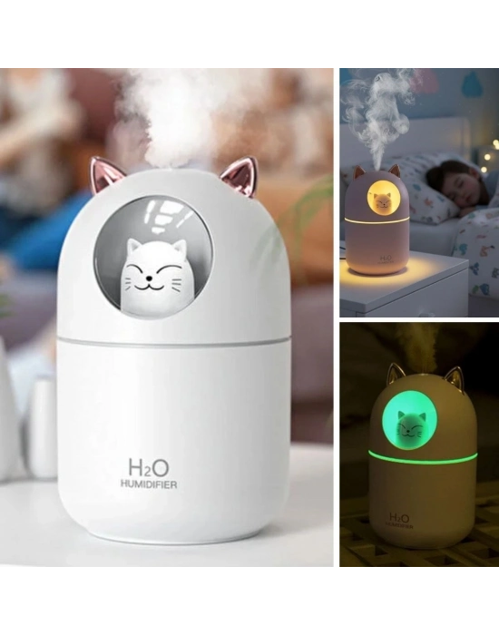 ® Kedicik Figürlü Hava Nemlendirici – Ultrasonik Soğuk Buhar Makinesi, LED Işıklı Masaüstü Oda Nemlendirici