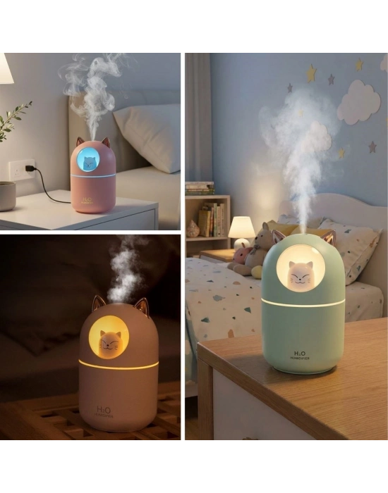 ® Kedicik Figürlü Hava Nemlendirici – Ultrasonik Soğuk Buhar Makinesi, LED Işıklı Masaüstü Oda Nemlendirici