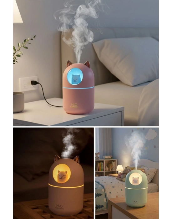 ® Kedicik Figürlü Hava Nemlendirici – Ultrasonik Soğuk Buhar Makinesi, LED Işıklı Masaüstü Oda Nemlendirici