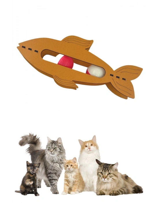 ®   Kediler İçin Ahşap 2 Toplu Eğimli  Sevimli Balık Şeklinde Eğitim Amaçlı Oyuncak