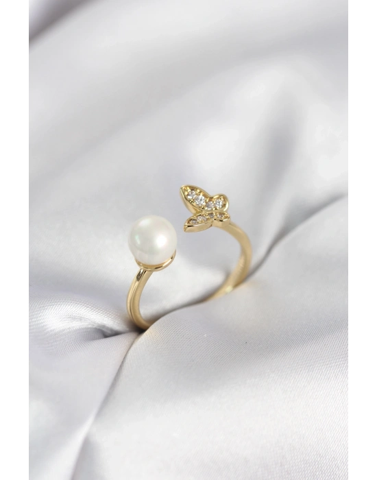 ® Kelebek İncili Model Gold Renk Zirkon Taşlı Kadın Yüzük