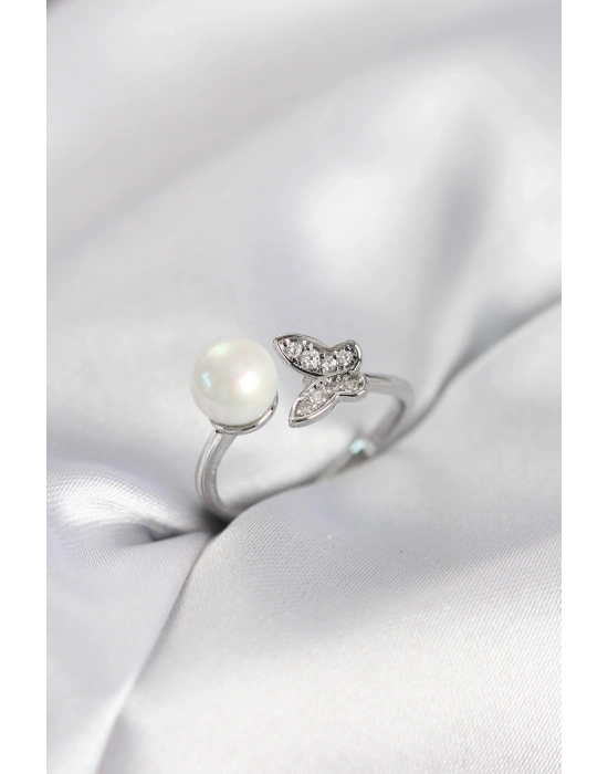 ® Kelebek İncili Model Gümüş Renk Zirkon Taşlı Kadın Yüzük