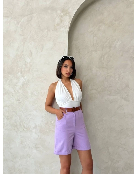 Kemerli gabardin şort lila s25735