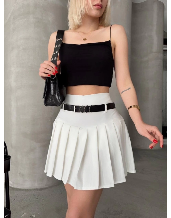 Kemerli piliseli şort etek beyaz s25305