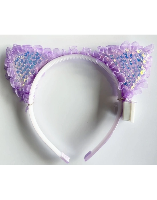 Kenarları Dantelli Mor Pullu Payetli Led Işıklı Kedi Kulak Taç 17x19 Cm