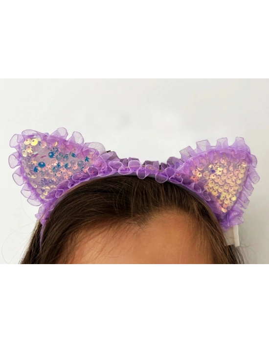 Kenarları Dantelli Mor Pullu Payetli Led Işıklı Kedi Kulak Taç 17x19 Cm