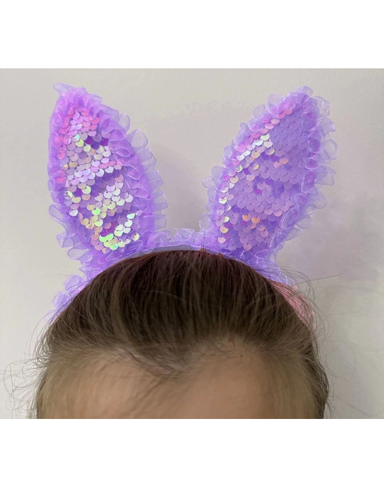 Kenarları Dantelli Mor Pullu Payetli Led Işıklı Tavşan Kulak Taç 23x19 Cm