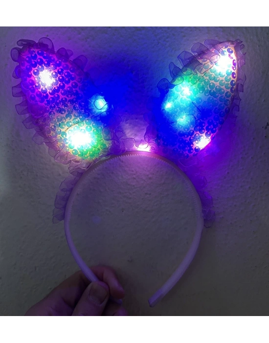 Kenarları Dantelli Mor Pullu Payetli Led Işıklı Tavşan Kulak Taç 23x19 Cm