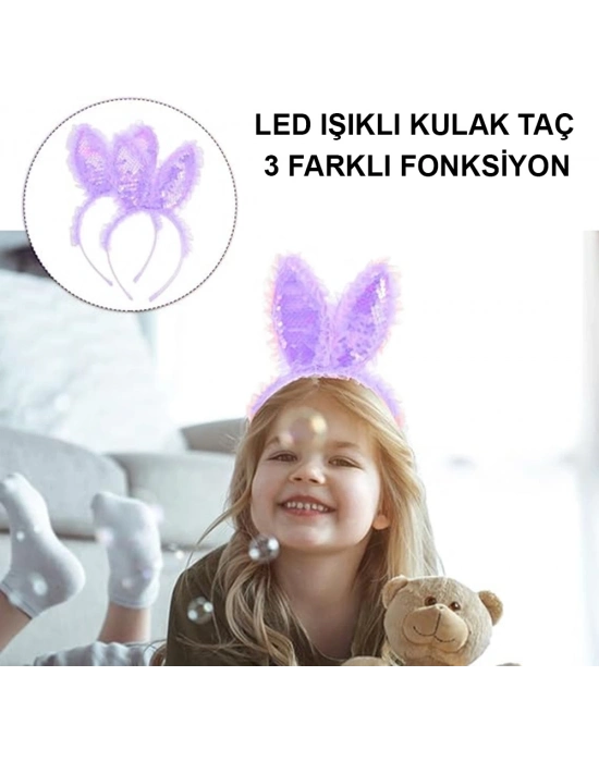 Kenarları Dantelli Mor Pullu Payetli Led Işıklı Tavşan Kulak Taç 23x19 Cm