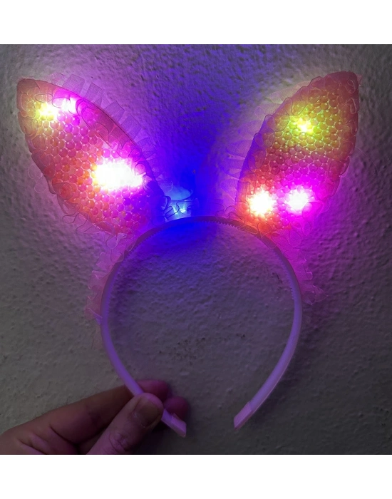 Kenarları Dantelli Pembe Pullu Payetli Led Işıklı Tavşan Kulak Taç 23x19 Cm