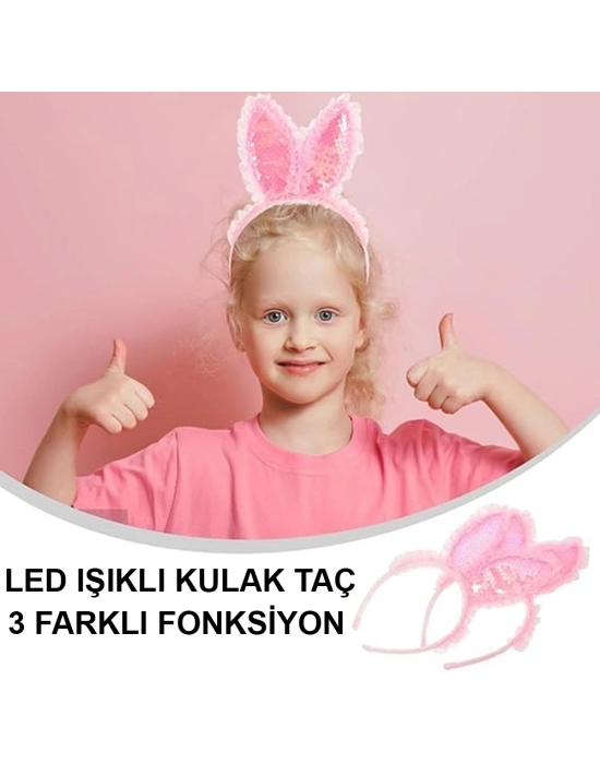 Kenarları Dantelli Pembe Pullu Payetli Led Işıklı Tavşan Kulak Taç 23x19 Cm