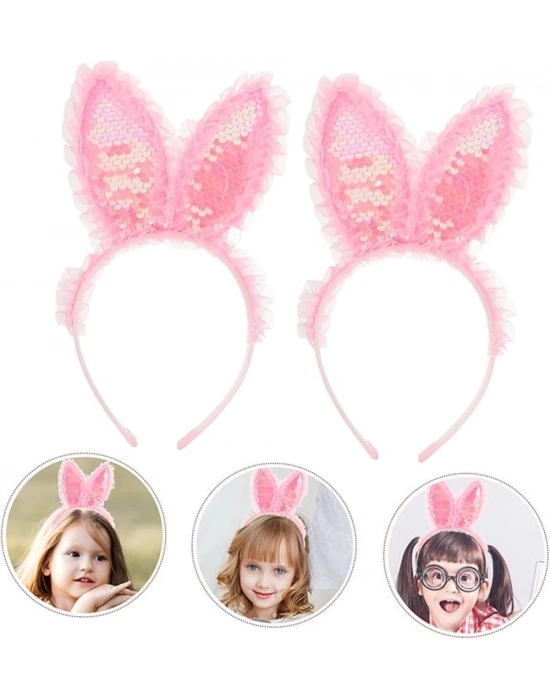 Kenarları Dantelli Pembe Pullu Payetli Led Işıklı Tavşan Kulak Taç 23x19 Cm