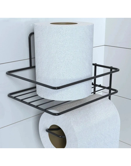 ®  Kendiliğinden Yapışkanlı Tuvalet Kağıdı Tutacağı ve Yedek Raf - Siyah Modern Metal Tasarım
