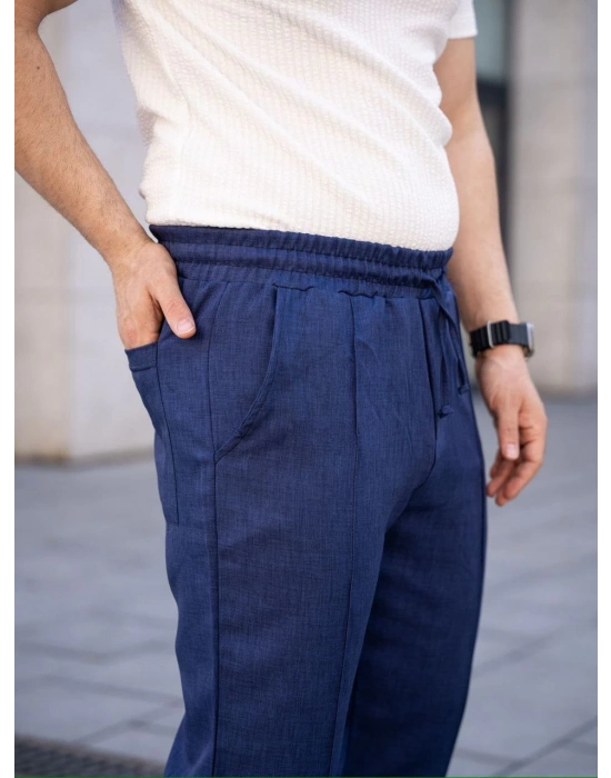 Keten Cepli Çıma Dikişli jogger Buggy Pantalon Rahat kalıp - Lacivert