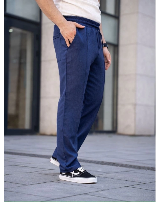 Keten Cepli Çıma Dikişli jogger Buggy Pantalon Rahat kalıp - Lacivert