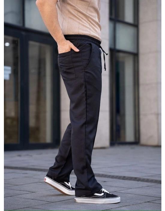 Keten Cepli Çıma Dikişli jogger Buggy Pantalon Rahat kalıp - Siyah