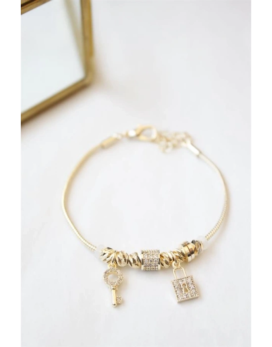 Kilit Anahtar Charmlı  Bileklik - Altın