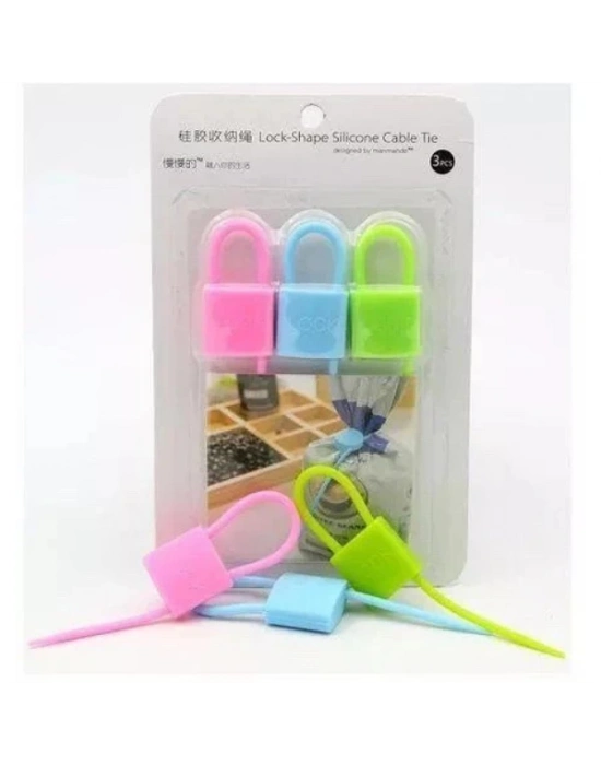 Kilit Şeklinde Silikon Kablo ve Poşet Bağlama Aparatı (3lü Set)