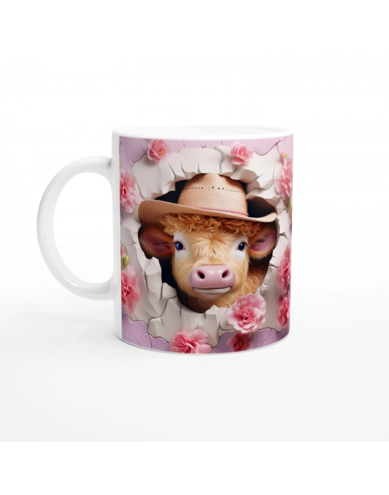 Kır Pembe Çiçekler Arasında Kovboy Şapkalı İnek Temalı Baskılı Kupa Bardak