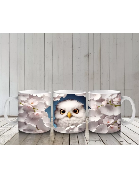 Kiraz Çiçeği Detaylı Sevimli Baykuş – Baskılı Kahve Kupası