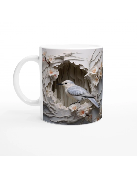 Kiraz Çiçekleri Arasında Duran Zarif Kuş Temalı Baskılı Kupa Bardak