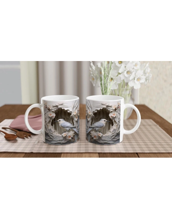 Kiraz Çiçekleri Arasında Duran Zarif Kuş Temalı Baskılı Kupa Bardak