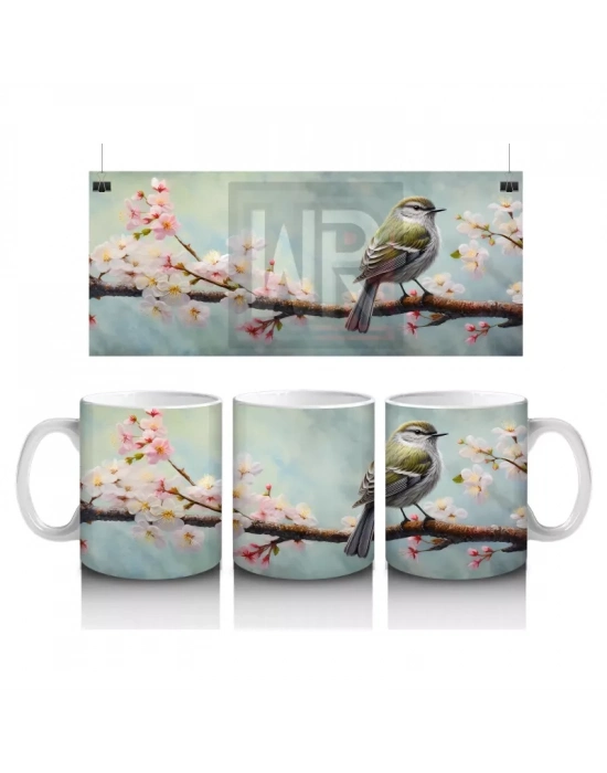 Kiraz Çiçekleri Arasında Kuş – Baskılı Kahve Kupası