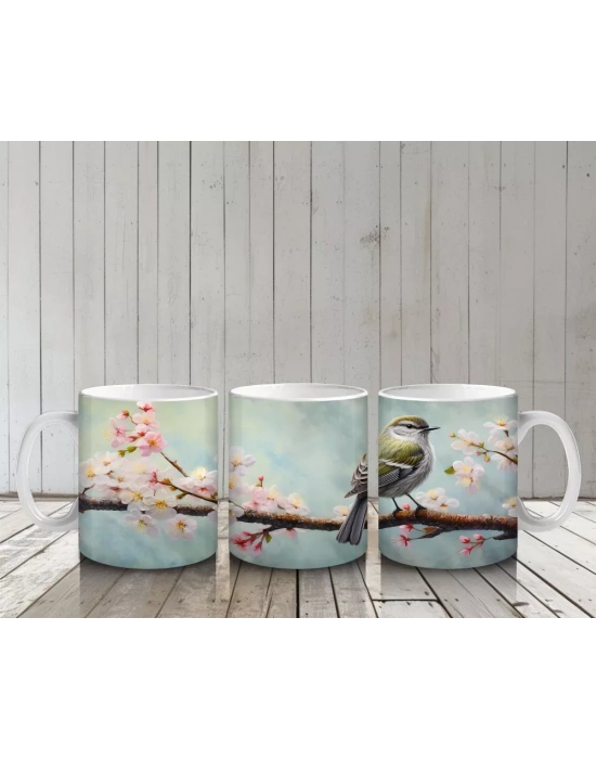 Kiraz Çiçekleri Arasında Kuş – Baskılı Kahve Kupası